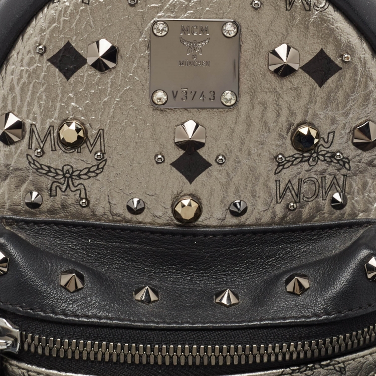 Pre Owned MCM Black/Grey Leather Mini Studded Stark Backpack