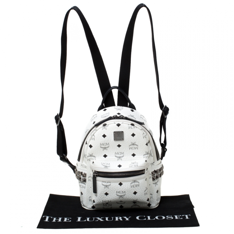 Pre Owned MCM White/Black Signature Leather Stark Side Studs Bebe Boo Backpack 