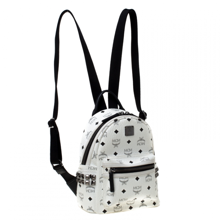 Pre Owned MCM White/Black Signature Leather Stark Side Studs Bebe Boo Backpack 