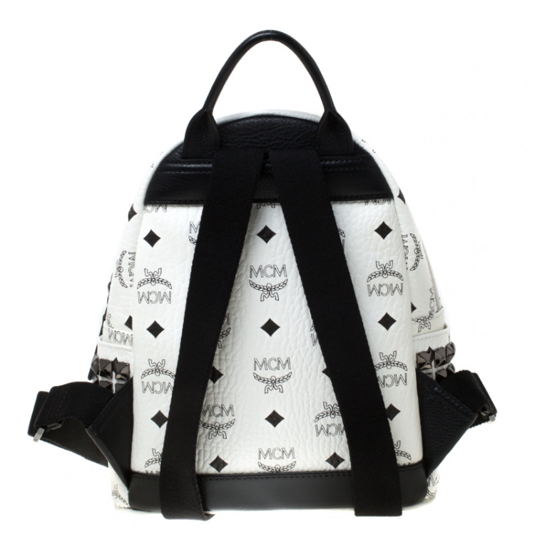 Pre Owned MCM White/Black Signature Leather Stark Side Studs Bebe Boo Backpack 