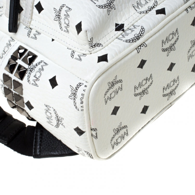 Pre Owned MCM White/Black Signature Leather Stark Side Studs Bebe Boo Backpack 