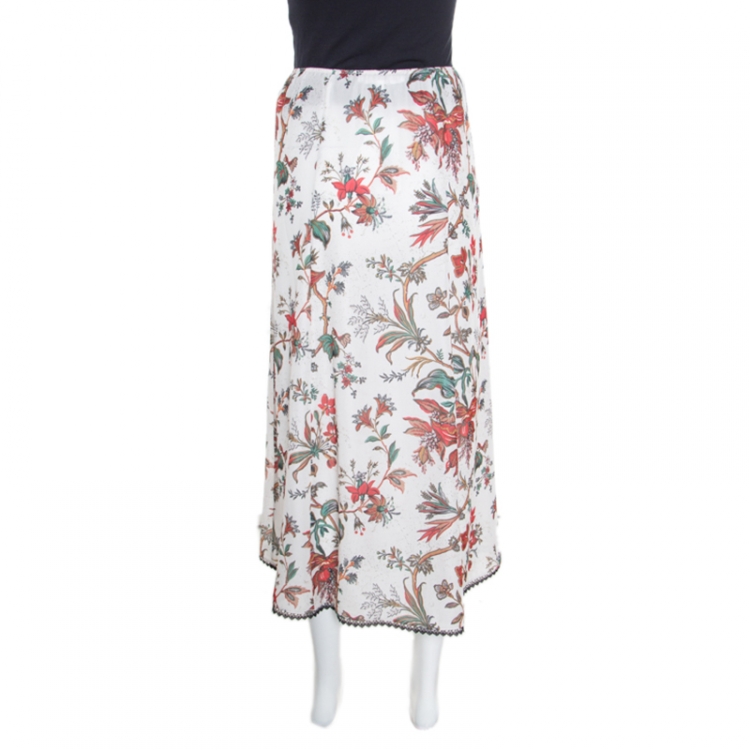 Pre Owned McQ by Alexander McQueen Parchment White Floral Printed Lace Trimmed Midi Skirt S