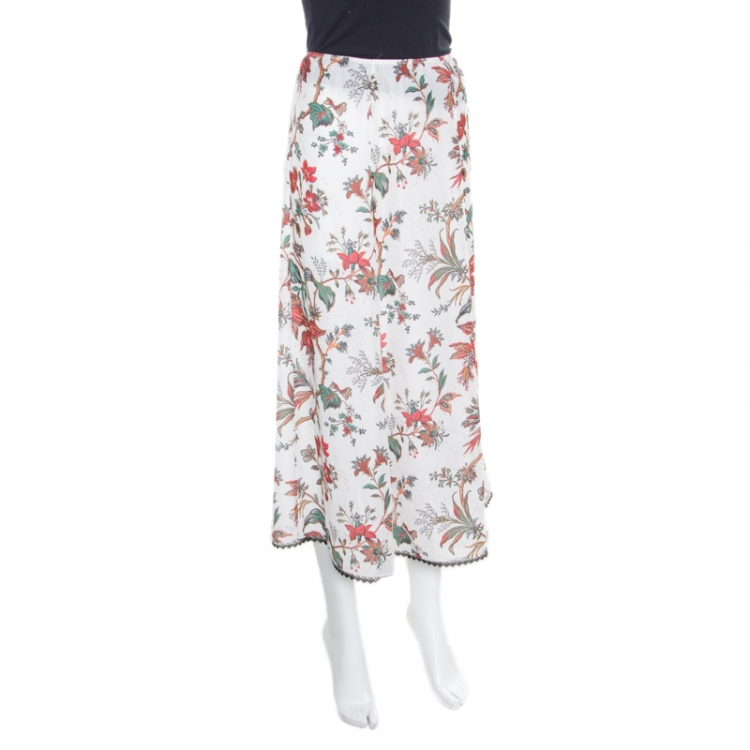 Pre Owned McQ by Alexander McQueen Parchment White Floral Printed Lace Trimmed Midi Skirt S