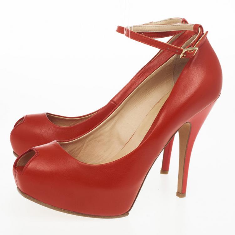 Pre Owned McQ By Alexander McQueen Red Leather Peep Toe Burlesque Size 41