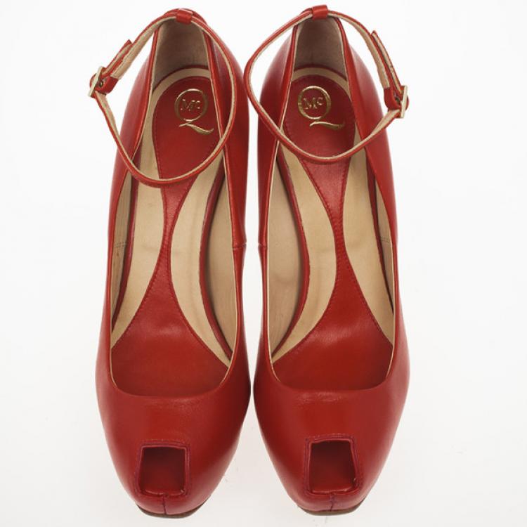Pre Owned McQ By Alexander McQueen Red Leather Peep Toe Burlesque Size 41