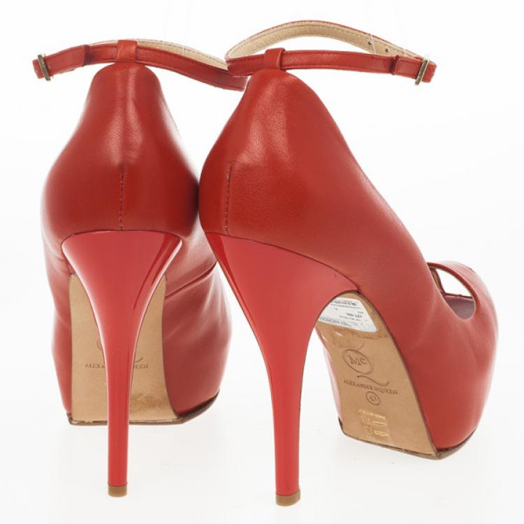 Pre Owned McQ By Alexander McQueen Red Leather Peep Toe Burlesque Size 41