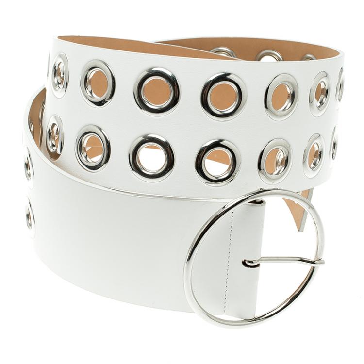 Pre Owned McQ by Alexander McQueen White Leather Circle Buckle Belt XXL
