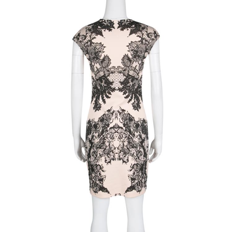 Pre Owned McQ By Alexander McQueen Peach Lace Print Cap Sleeve Bodycon Dress S