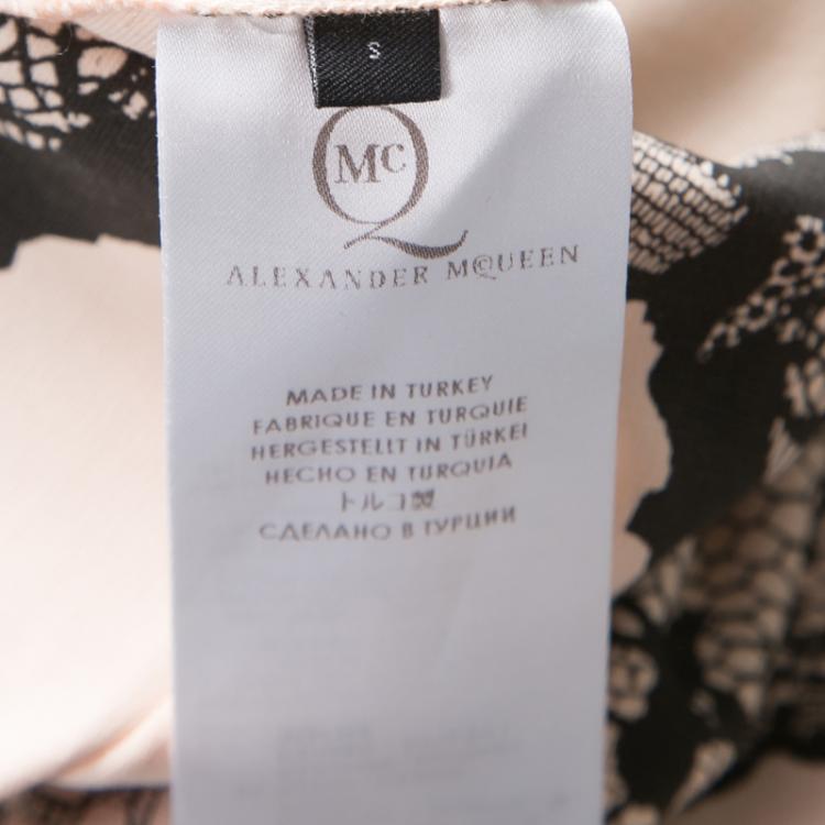 Pre Owned McQ By Alexander McQueen Peach Lace Print Cap Sleeve Bodycon Dress S