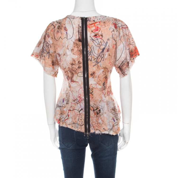 Pre Owned McQ by Alexander McQueen London Doodle Print Frayed Edge Asymmetric Cotton Top M