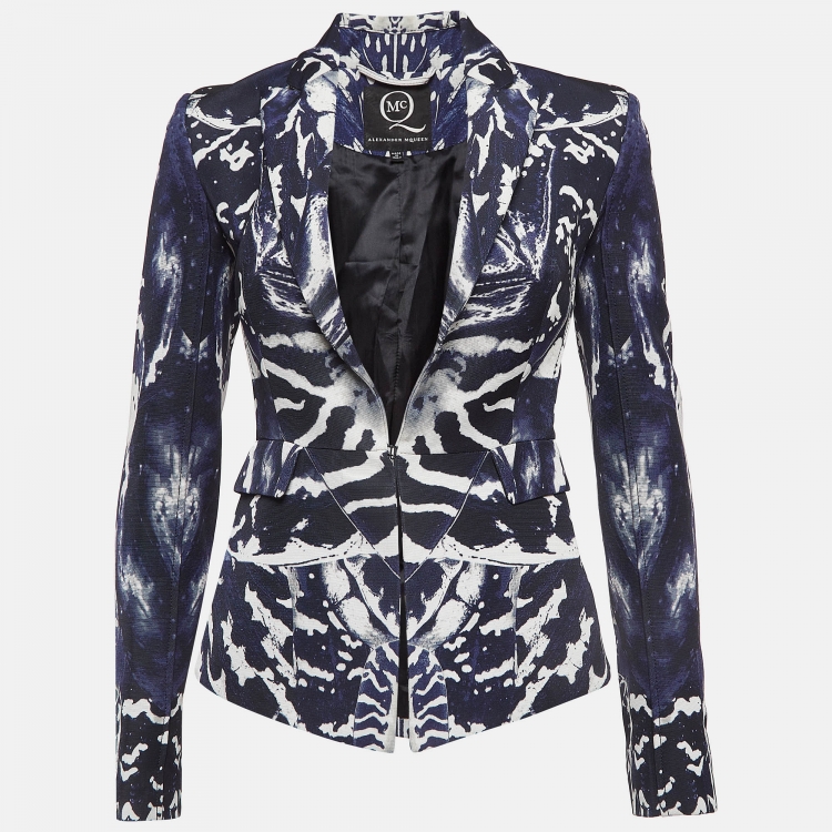 Pre Owned McQ by Alexander McQueen Blue/White Abstract Print Cotton Blend Blazer XS 