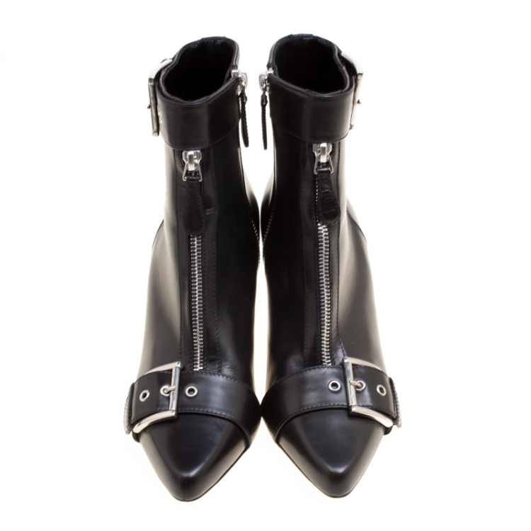 Pre Owned Alexander McQueen Black Leather Double Buckle Pointed Toe Ankle Boots Size 36.5 