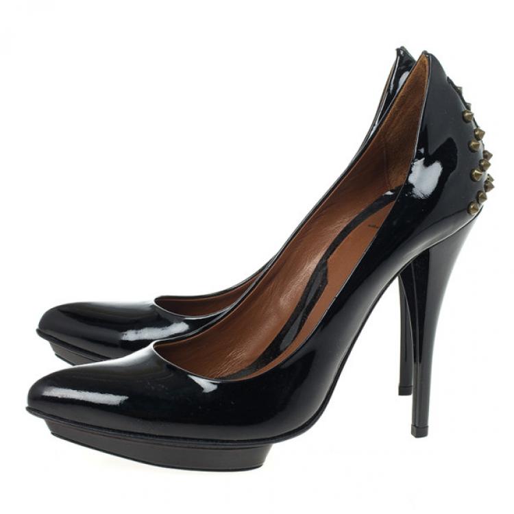 Pre Owned McQ by Alexander McQueen Black Patent Studded Pointed Toe Pumps Size 41