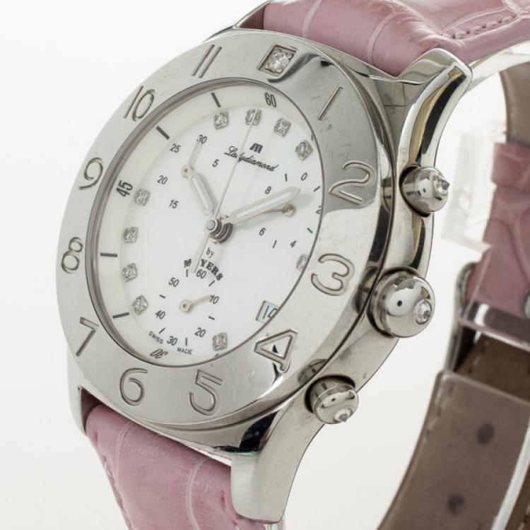 Pre Owned Meyers Samba Mother of Pearl SS Leather Chronograph Womens Wristwatch 39 MM