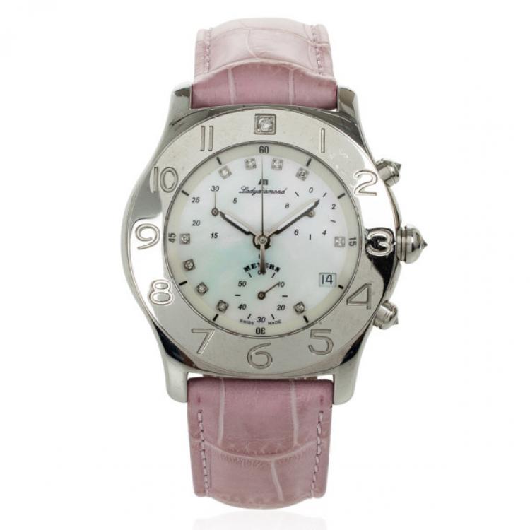 Pre Owned Meyers Samba Mother of Pearl SS Leather Chronograph Womens Wristwatch 39 MM