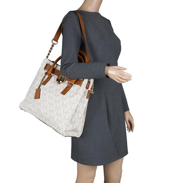 Pre Owned Micheal Kors White/Brown Leather Hamilton Satchel