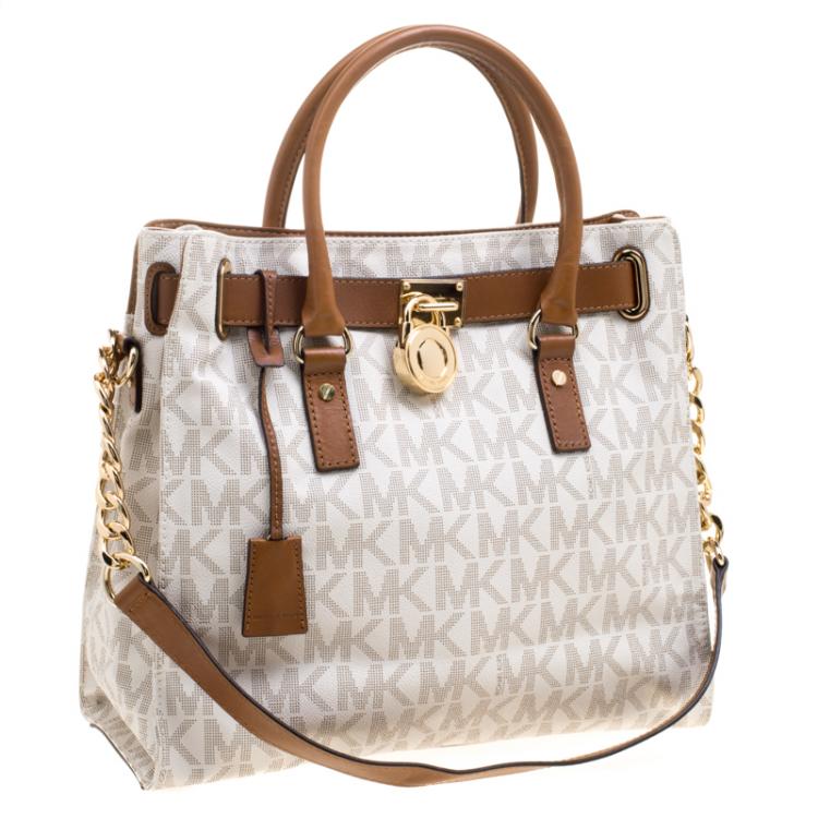 Pre Owned Micheal Kors White/Brown Leather Hamilton Satchel