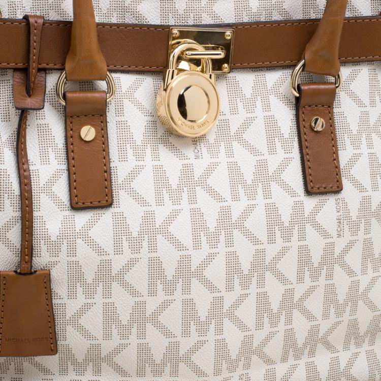 Pre Owned Micheal Kors White/Brown Leather Hamilton Satchel