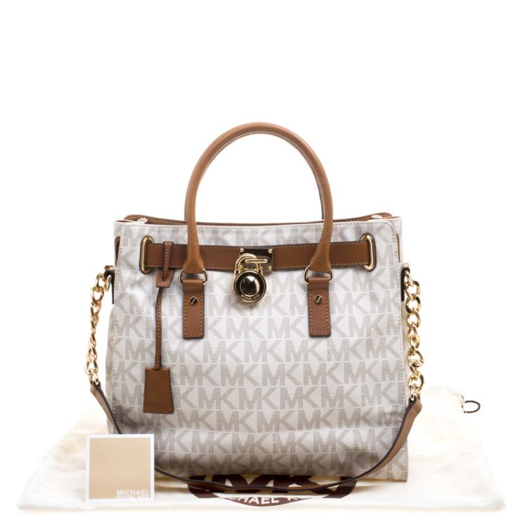 Pre Owned Micheal Kors White/Brown Leather Hamilton Satchel