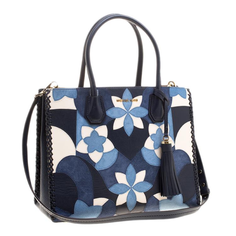 Pre Owned Michael Kors Navy Blue Leather & Suede Mercer Floral Patchwork Tote