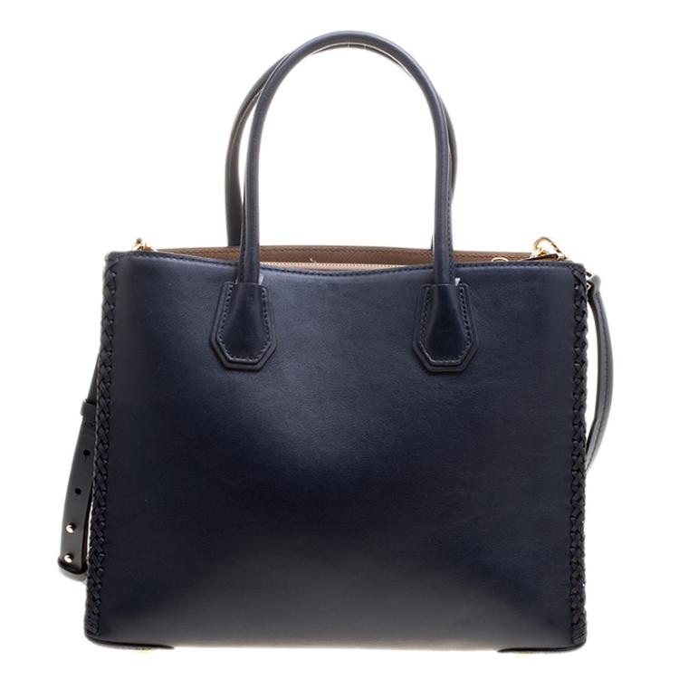 Pre Owned Michael Kors Navy Blue Leather & Suede Mercer Floral Patchwork Tote