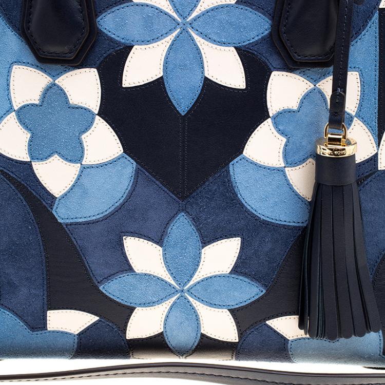 Pre Owned Michael Kors Navy Blue Leather & Suede Mercer Floral Patchwork Tote