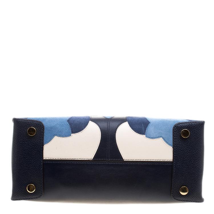 Pre Owned Michael Kors Navy Blue Leather & Suede Mercer Floral Patchwork Tote
