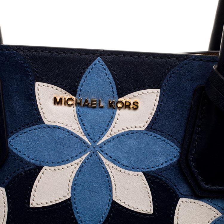 Pre Owned Michael Kors Navy Blue Leather & Suede Mercer Floral Patchwork Tote