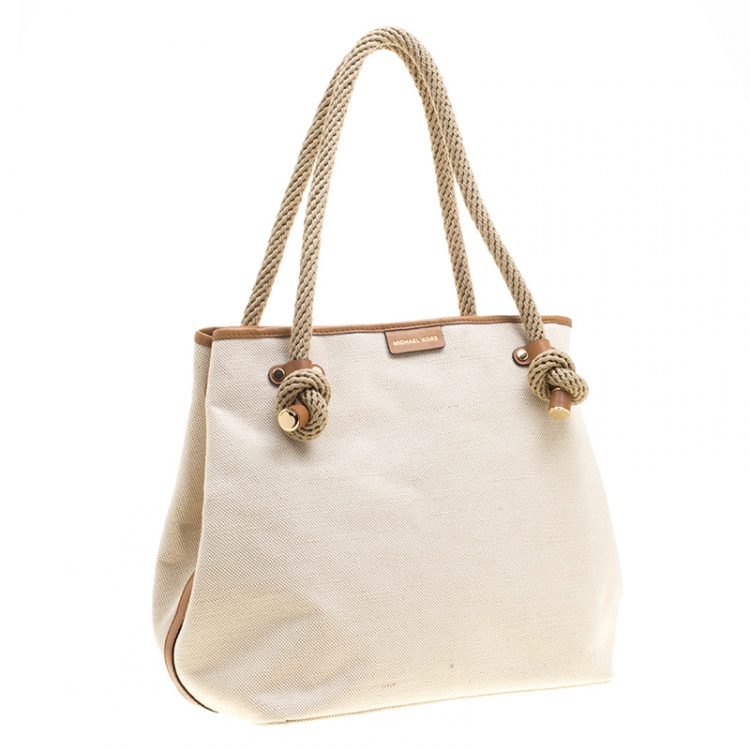 Pre Owned Michael Kors Off-White/Camel Canvas Shopper Tote
