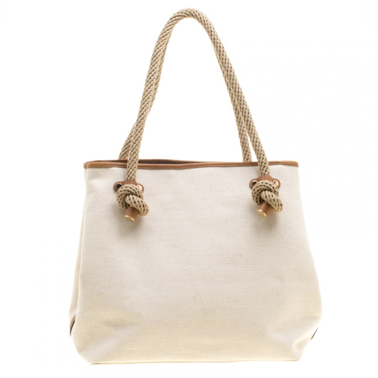 Pre Owned Michael Kors Off-White/Camel Canvas Shopper Tote