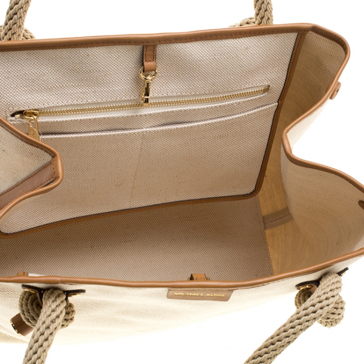 Pre Owned Michael Kors Off-White/Camel Canvas Shopper Tote