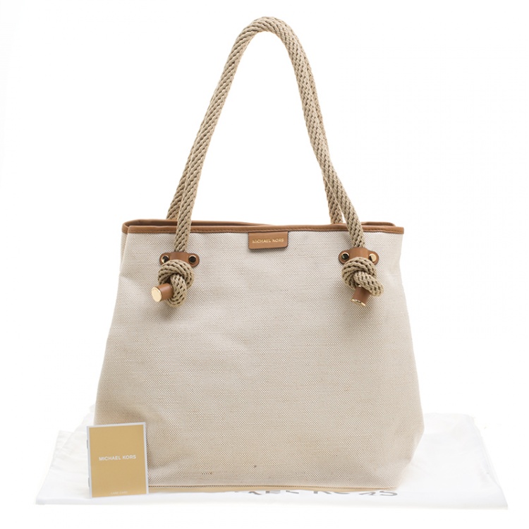 Pre Owned Michael Kors Off-White/Camel Canvas Shopper Tote