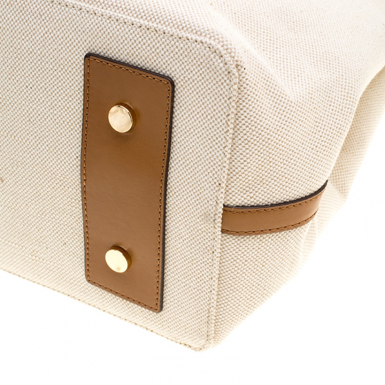 Pre Owned Michael Kors Off-White/Camel Canvas Shopper Tote