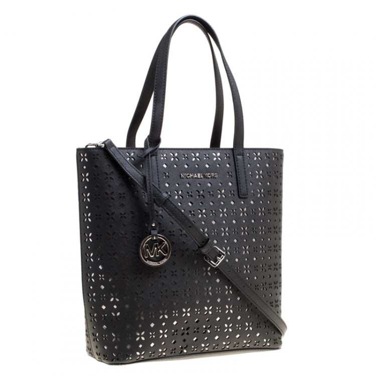 Pre Owned Michael Michael Kors Black Laser Cut Leather Medium Hayley Tote