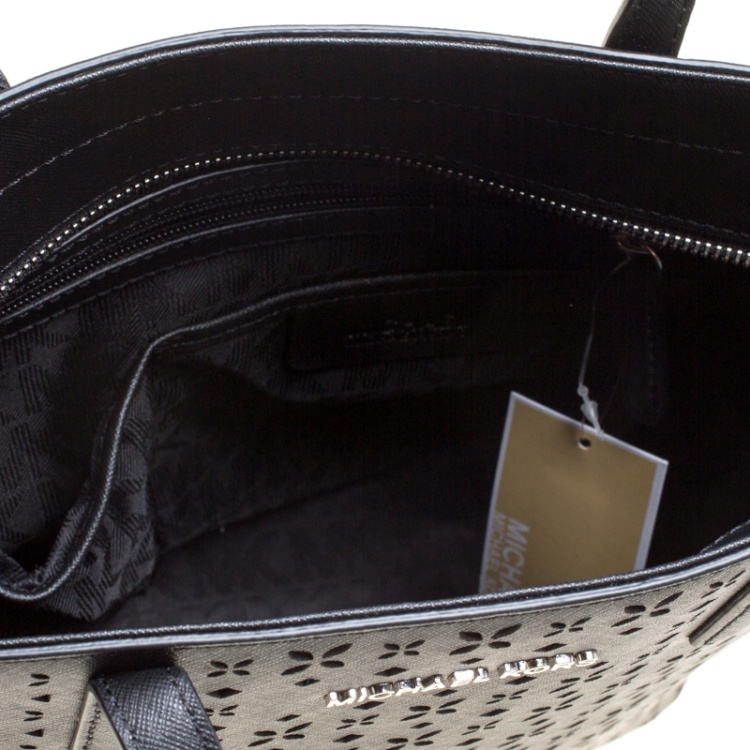 Pre Owned Michael Michael Kors Black Laser Cut Leather Medium Hayley Tote