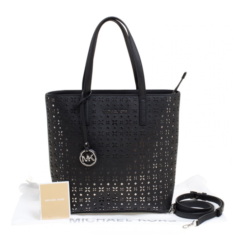 Pre Owned Michael Michael Kors Black Laser Cut Leather Medium Hayley Tote