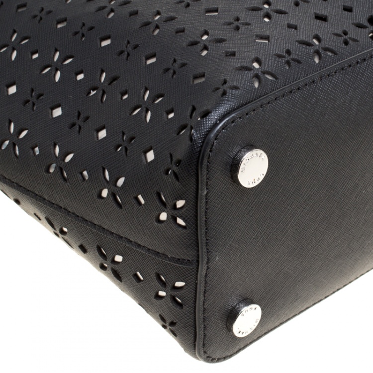 Pre Owned Michael Michael Kors Black Laser Cut Leather Medium Hayley Tote