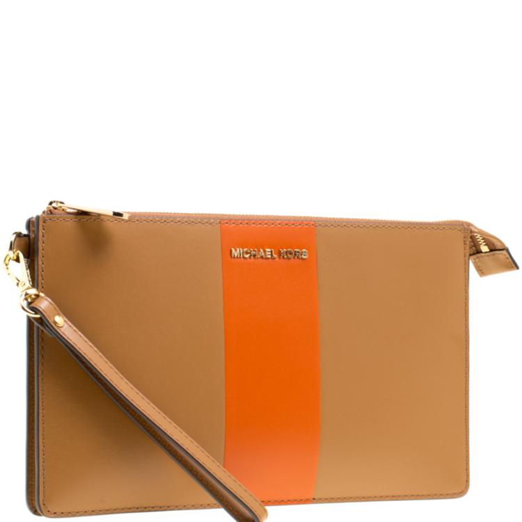 Pre Owned Michael Kors Tan/Orange Leather Large Center Stripe Daniela Wristlet
