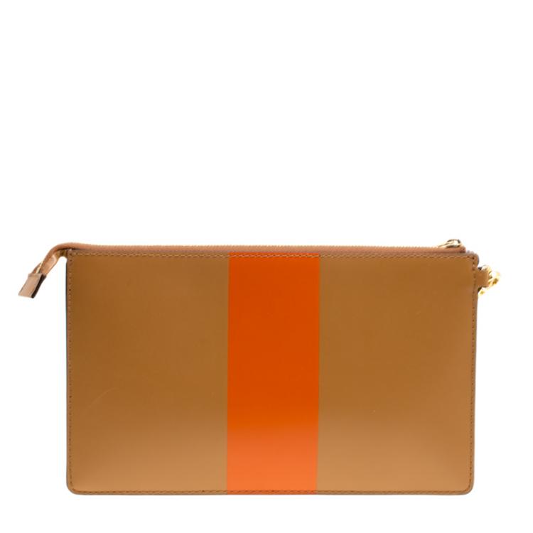 Pre Owned Michael Kors Tan/Orange Leather Large Center Stripe Daniela Wristlet