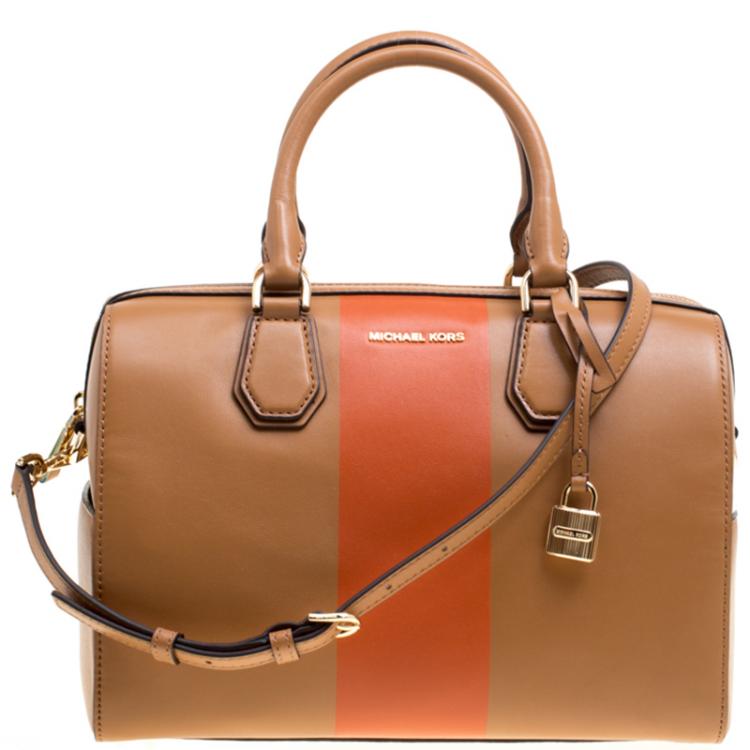 Pre Owned Michael Kors Tan/Orange Leather Medium Center Stripe Mercer Duffle Bag