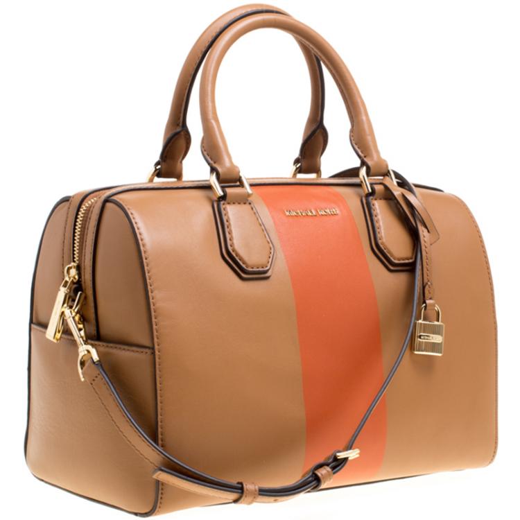 Pre Owned Michael Kors Tan/Orange Leather Medium Center Stripe Mercer Duffle Bag