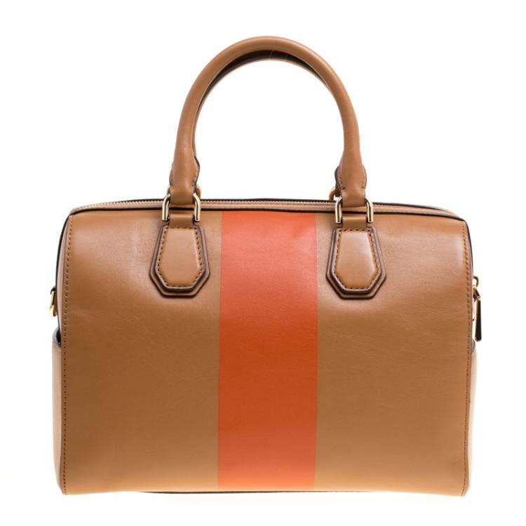 Pre Owned Michael Kors Tan/Orange Leather Medium Center Stripe Mercer Duffle Bag
