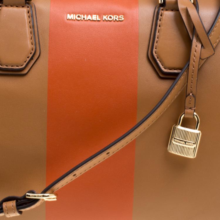 Pre Owned Michael Kors Tan/Orange Leather Medium Center Stripe Mercer Duffle Bag