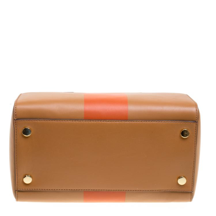 Pre Owned Michael Kors Tan/Orange Leather Medium Center Stripe Mercer Duffle Bag