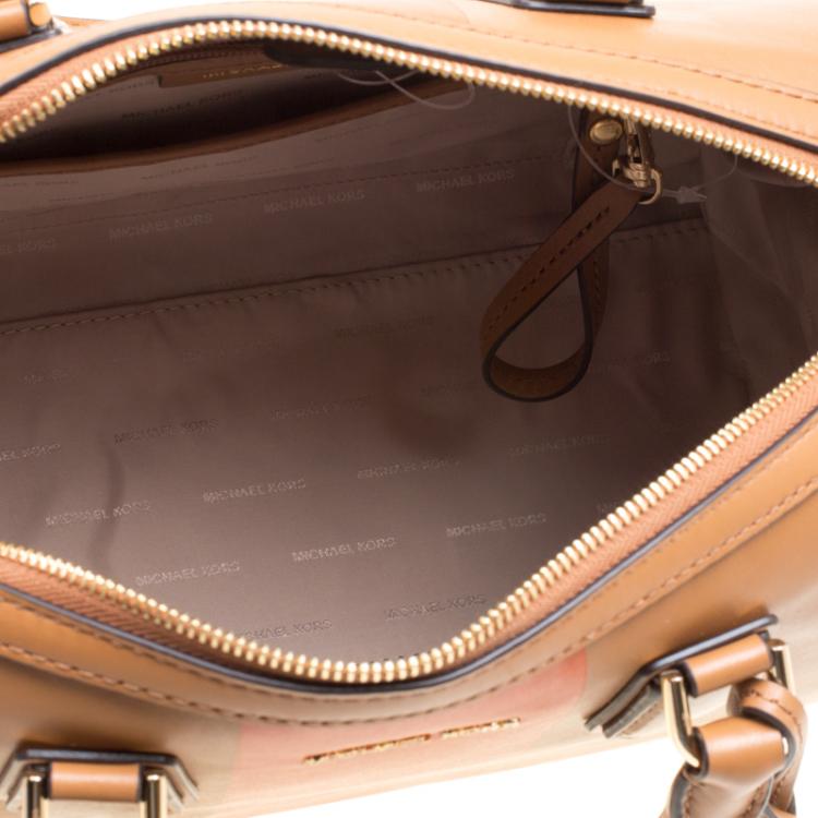 Pre Owned Michael Kors Tan/Orange Leather Medium Center Stripe Mercer Duffle Bag