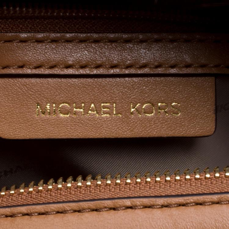 Pre Owned Michael Kors Tan/Orange Leather Medium Center Stripe Mercer Duffle Bag