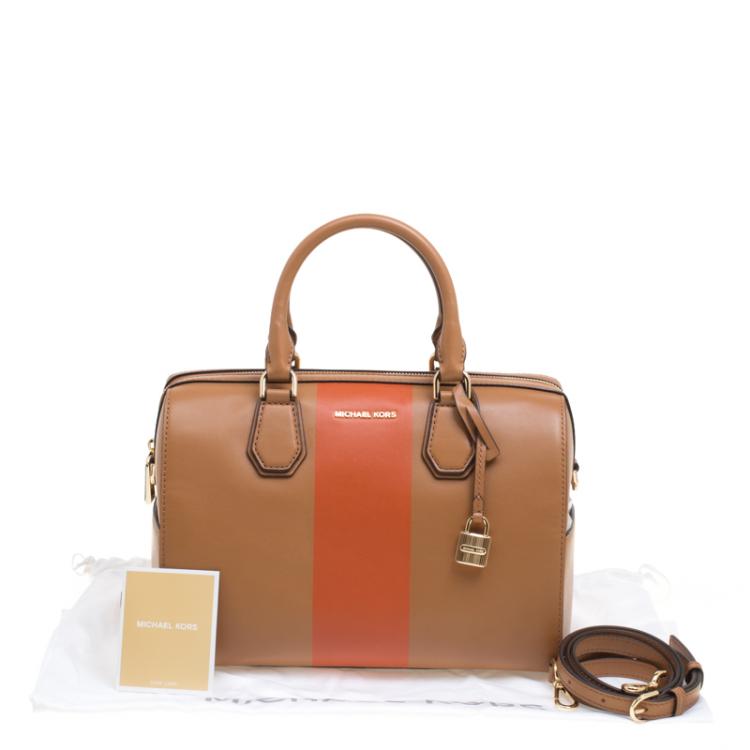 Pre Owned Michael Kors Tan/Orange Leather Medium Center Stripe Mercer Duffle Bag
