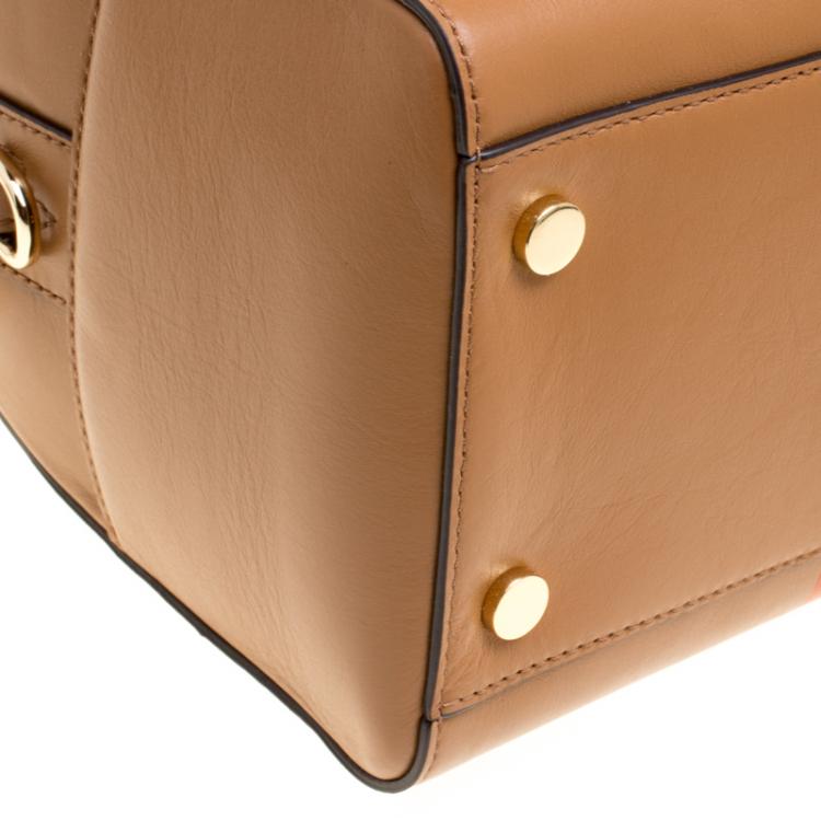 Pre Owned Michael Kors Tan/Orange Leather Medium Center Stripe Mercer Duffle Bag