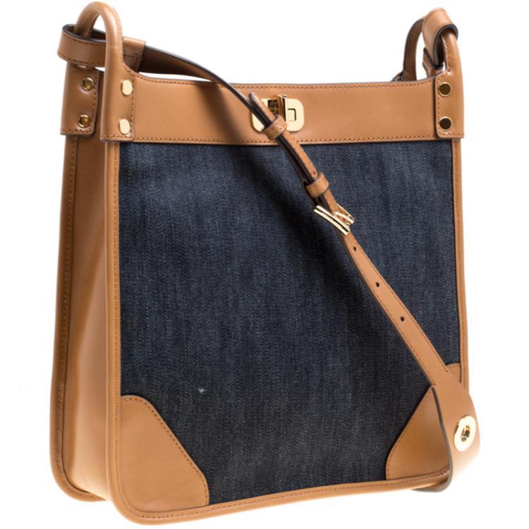 Pre Owned Michael Kors Navy Blue/Tan Denim and Leather large Sullivan North South Messenger Bag