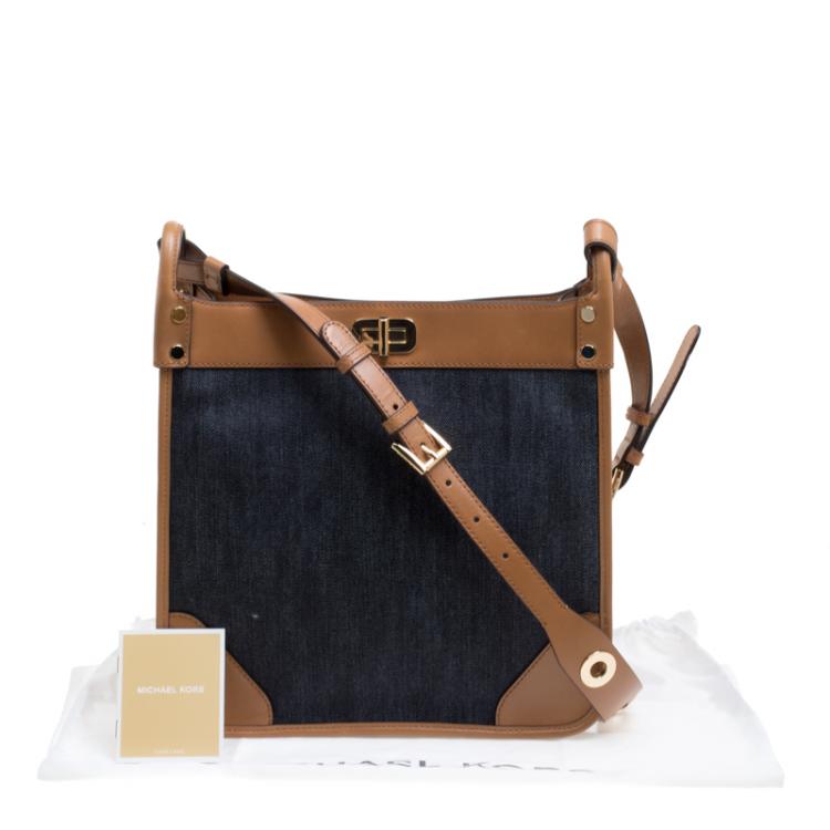 Pre Owned Michael Kors Navy Blue/Tan Denim and Leather large Sullivan North South Messenger Bag